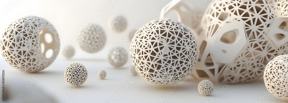 Poster 94. floating geometric shapes and intricate patterns forming a modern 3d arrangement isolated on a p