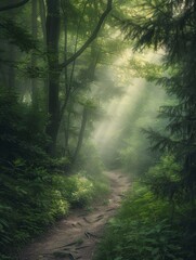 Obraz premium Sunbeams filter through the dense forest canopy, illuminating a verdant woodland trail and casting a dreamlike quality on the scene.