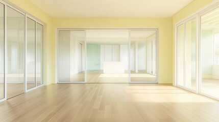 Obraz premium An open-concept living area in a pastel yellow house