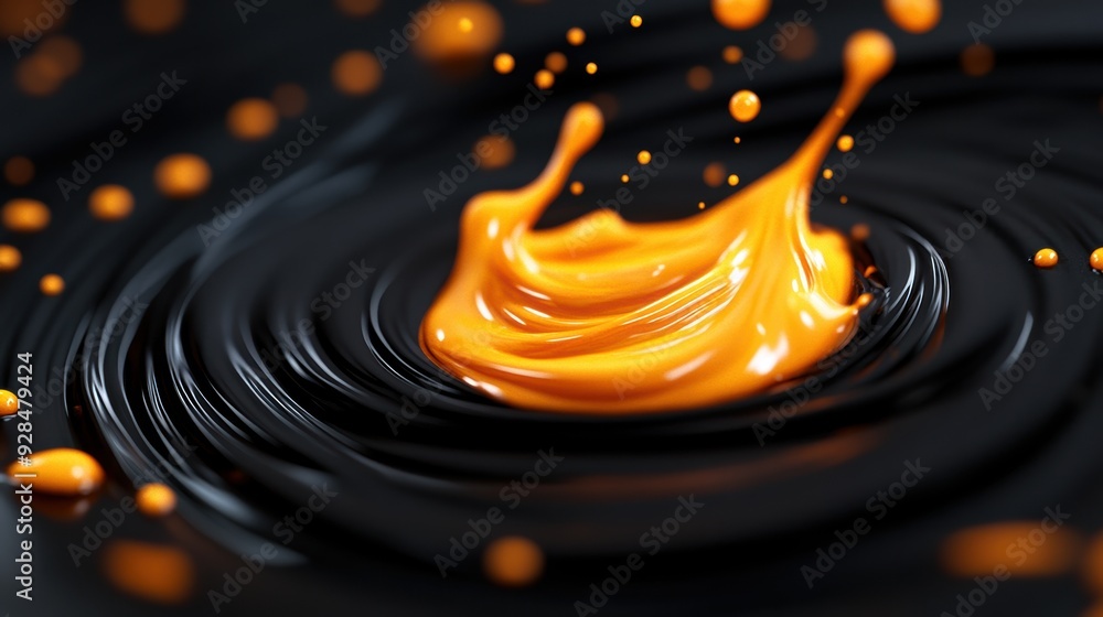 Poster dynamic close-up of vibrant orange splash in dark liquid creating ripples and droplets. perfect for 