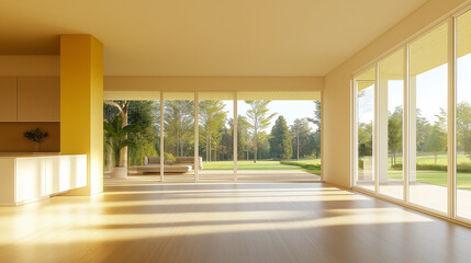 An open-concept living area in a pastel yellow house