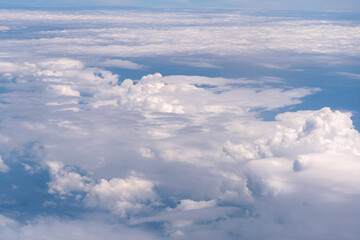 Blue Sky with White Clouds, Flying above Sunny Cloudy Sky Texture Pattern, Fluffy Clouds Plane View