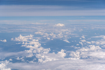 Blue Sky with White Clouds, Flying above Sunny Cloudy Sky Texture Pattern, Fluffy Clouds Plane View