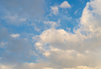 Blue Sky with White Clouds, Sunny Cloudy Sky Texture Background, Fluffy Clouds Pattern, Sunny Cumulus