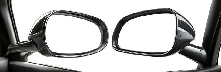 Extreme close-up of a blank, side rear-view mirror of a car, isolated on transparent or white background, with copy space, png. Collection and variation. Generative Ai.