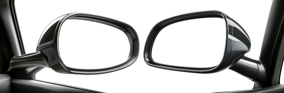 Extreme close-up of a blank, side rear-view mirror of a car, isolated on transparent or white background, with copy space, png. Collection and variation. Generative Ai.