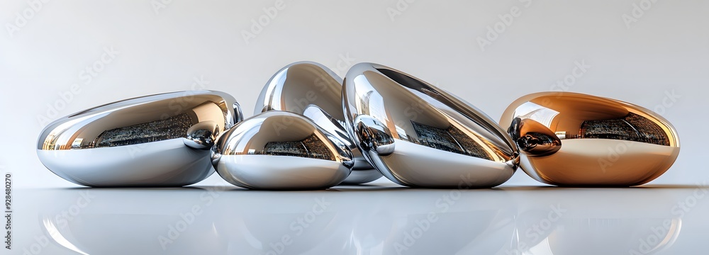 Poster 96. geometric forms with metallic reflections and smooth surfaces arranged in a modern 3d pattern is
