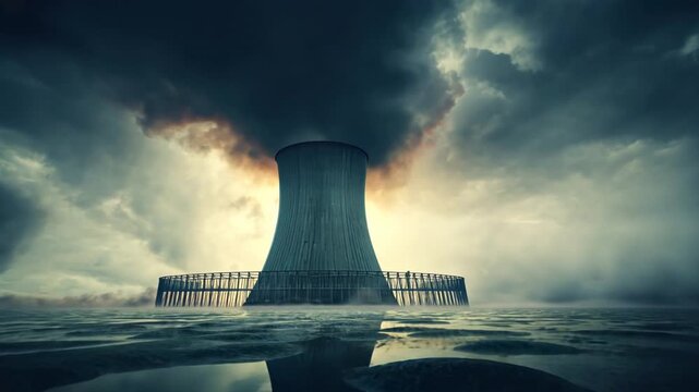 A nuclear power plant is shown in the distance with a storm in the background