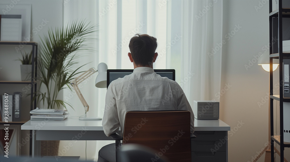 Poster a moment of deep concentration with a businessman working on his computer at a minimalist desk. surr