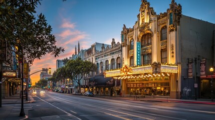 Fototapeta premium City Street with Historic Building at Dusk.