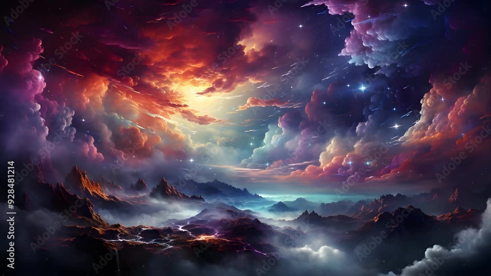Poster a mesmerizing scene of a colorful sky with clouds and stars.
