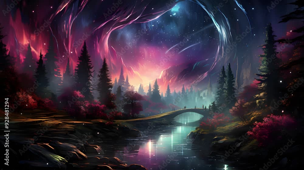 Poster a mesmerizing animated scene of a magical forest with a bridge leading to a mystical landscape under
