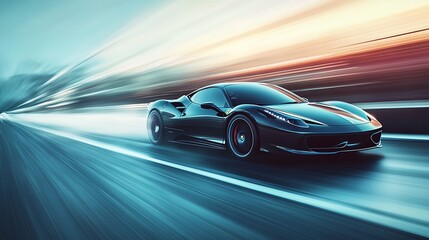 Racing car speeding down the highway, leaving a blur of motion against the vast sky