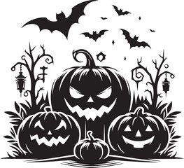 spooky haunted house ghosts, dead tree, lanterns and pumpkins halloween night black and white silhouette vector line art flat design background image illustrations