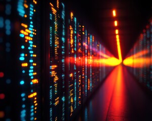 Futuristic data center with colorful server lights illuminating a narrow corridor, representing digital technology and IT infrastructure.
