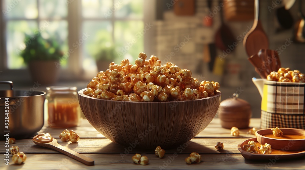Poster freshly popped popcorn in a rustic kitchen setting with sunlight streaming through the window in the