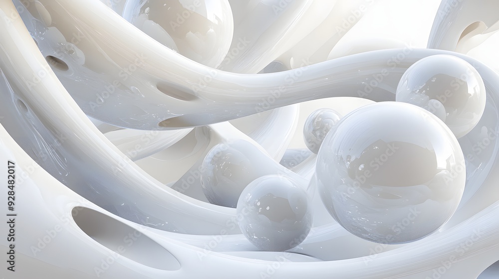 Poster 15. abstract 3d art with a series of dynamic, interwoven cylinders and spheres on a pristine white c
