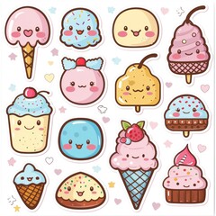 A colorful collection of cute ice cream illustrations with smiling faces and playful designs.