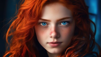 Obraz premium a red haired girl with a red hair and a blue eyes.