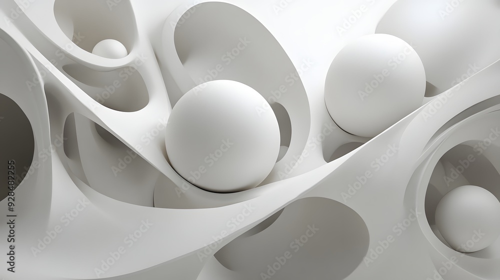 Poster 15. abstract 3d art with a series of dynamic, interwoven cylinders and spheres on a pristine white c
