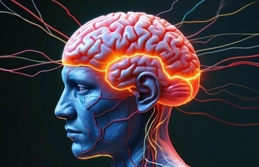 Obraz premium Close-up view of a human head displaying brain and wires.