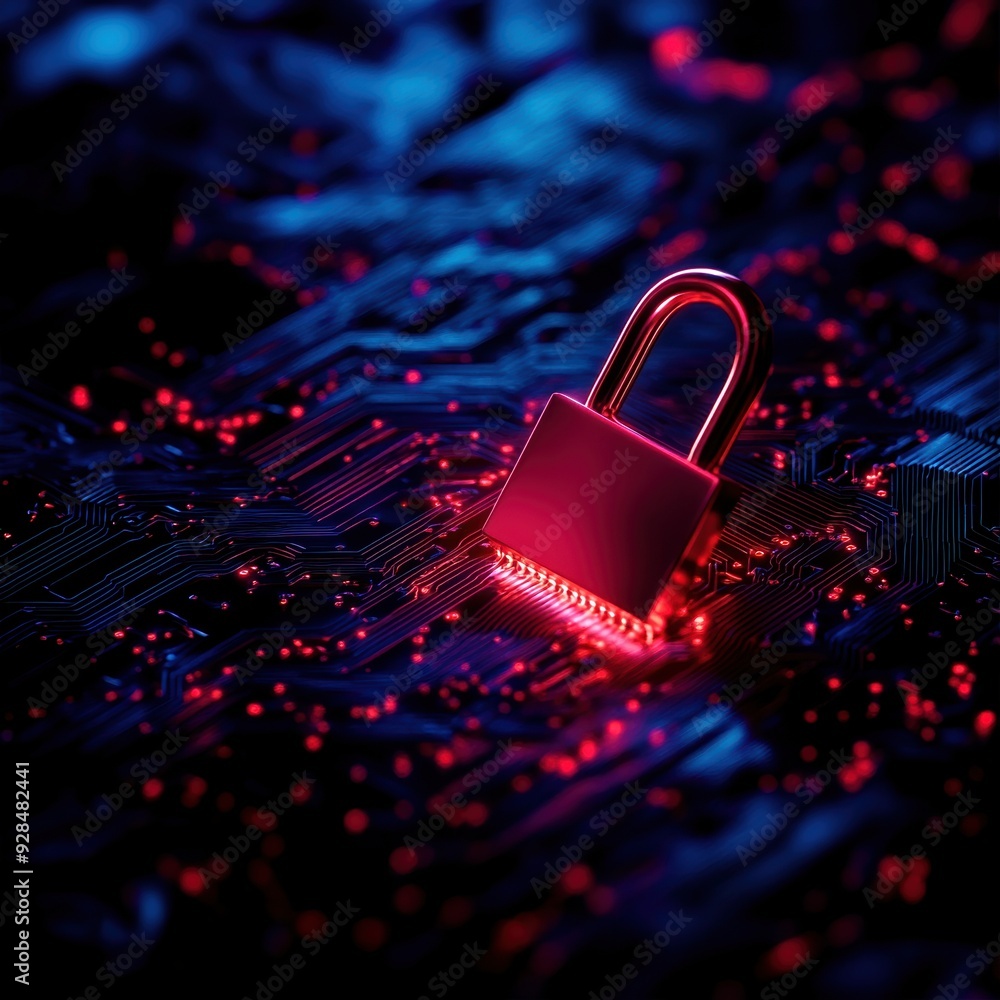 Poster glowing red padlock on a digital circuit board, symbolizing cybersecurity, encryption, and data prot
