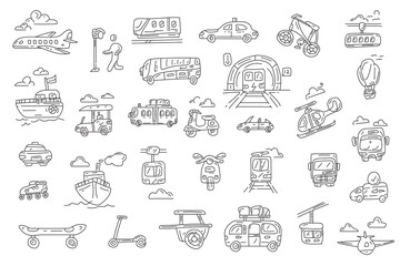A collection of hand-drawn doodle icons depicting various modes of public transportation and vehicles, including buses, trains, airplanes, bikes, and ships, arranged on a white background