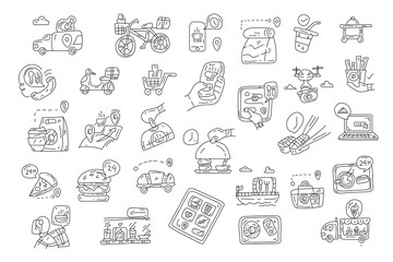 Food Delivery App Icons, Hand Drawn Doodle Line Art Illustration Set