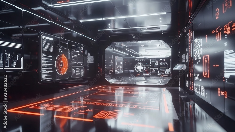 Poster futuristic spaceship corridor with interface.