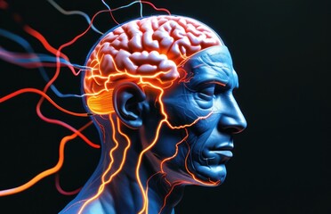 Obraz premium Close-up of a man's head displaying brain with wires