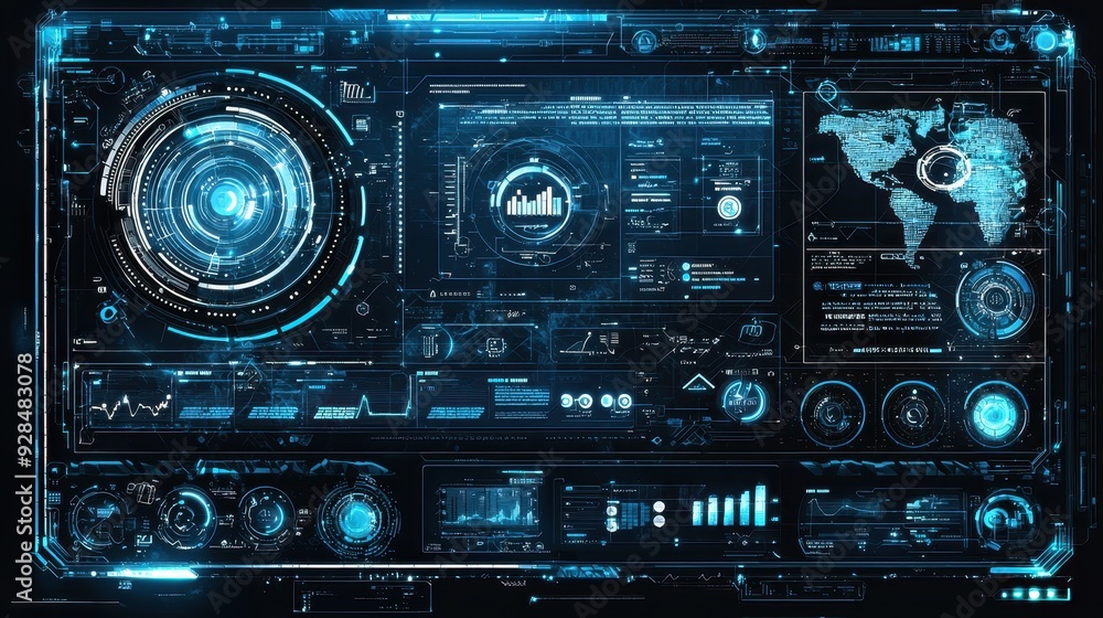 Poster futuristic blue interface with world map and data graphics.
