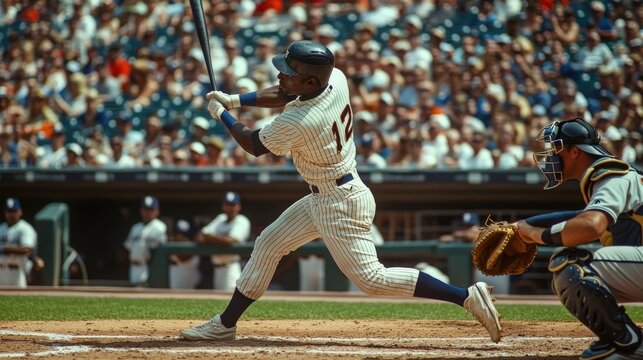 A baseball player hitting a home run, with the crowd cheering in the background, - Powered by Adobe