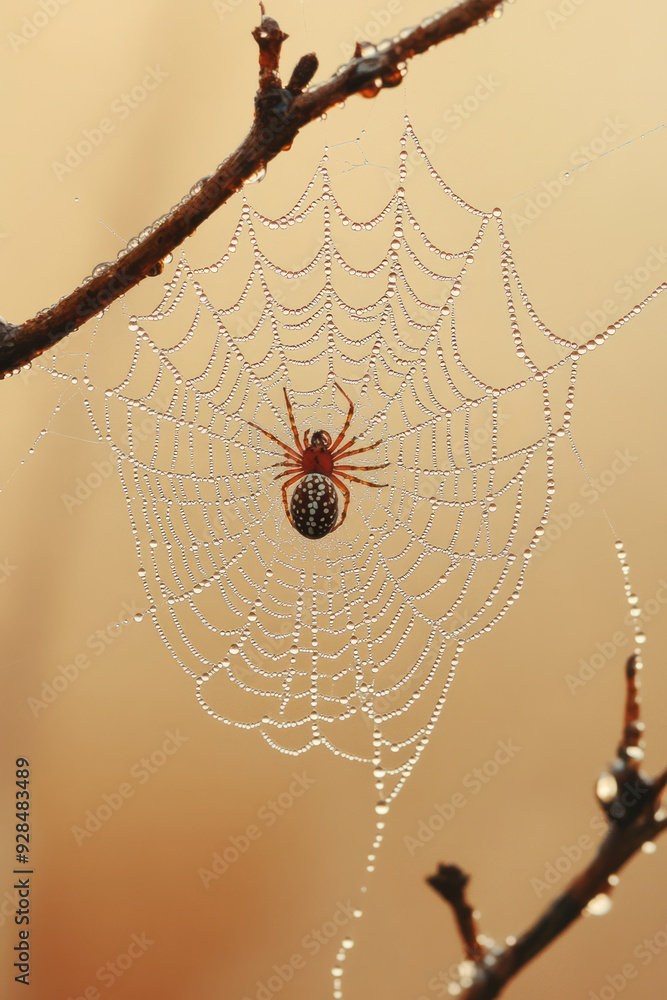 Poster a spiderâ€™s web, isolated on a pastel cream background, symbolizing ecology and the study of ecosys