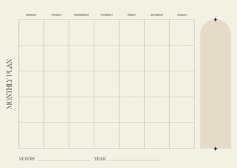 A clean and minimalist monthly planner layout featuring a grid format for productivity and organization, use for blogs, websites or promotional materials 