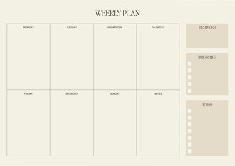 A clean and minimalist weekly planner layout featuring a grid format for productivity, organization, time management, to do list, goals, priorities