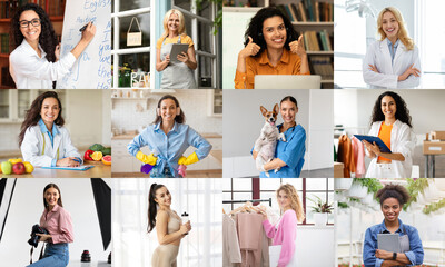 A collage of nine different women in a variety of settings. Each woman is engaged in a different...