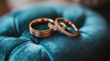 A close-up of wedding rings on a velvet cushion, symbolizing