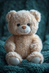 Obraz premium A teddy bear, isolated on a pastel mint background, representing comfort and companionship for a child,