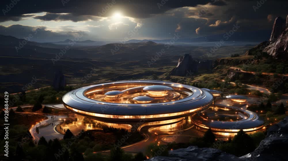 Poster a futuristic city with a large circular building in the foreground.