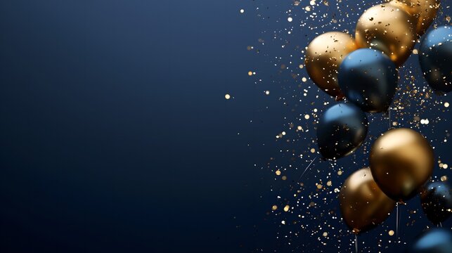 Vibrant navy blue and gold themed celebration with colorful balloons and glittering confetti, ideal for festive banners, posters, and background designs with space for custom text