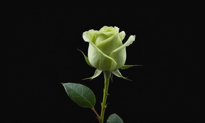 Obraz premium Single green rose with leaves isolated on black background
