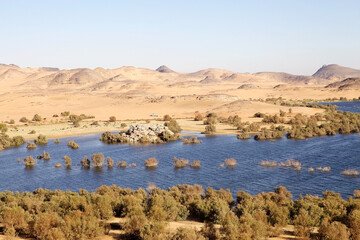 Mountains and desert along the shore of Lake Nasser, Egypt