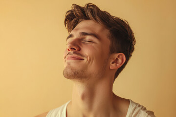 A close up of a man's face with his eyes closed