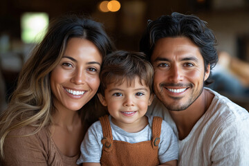 Fototapeta premium portrait happy hispanic couple and preschool son sit on sofa at home together.