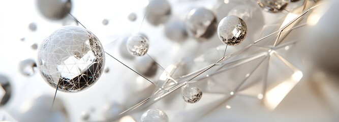 84. Futuristic 3D design featuring interconnected prisms and spheres creating an abstract geometric arrangement on white.