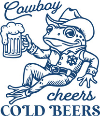 Cowboy Cheers Cold Beers Quote, Frog Toasting with a Beer Mug, Vintage Retro Funny Frog with Beer Lover