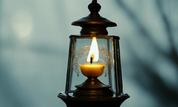 Old lamp with flickering flame, casting warm glow in the dark, creating romantic and peaceful atmosphere