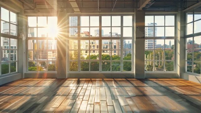 An empty loft room with large windows, a wooden floor, an urban view, and light.