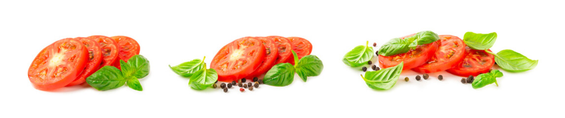 Fresh cherry tomatoes and fresh green basil isolated on white background. Tomato slices. Tomato sauce. Vegan. Ingredients for salad. Organic food. Place for text. Copy space.