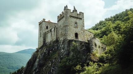 A historic castle perched on a hilltop, surrounded by lush greenery,